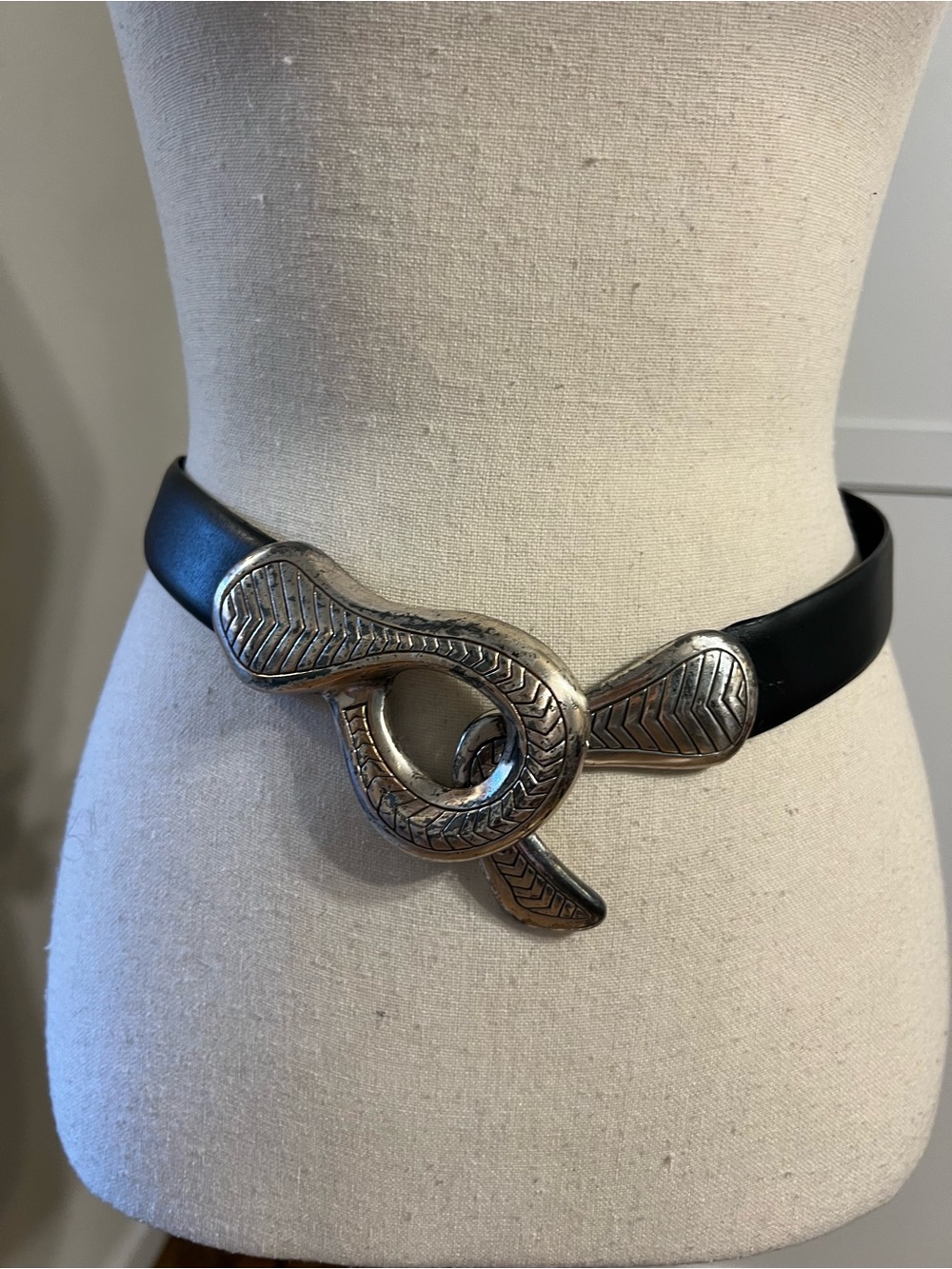 Chico's Black Belt with Silver Snake-Style Buckle